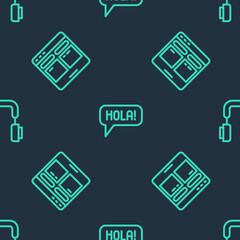 Set line Hola in different languages, Online translator and Headphones on seamless pattern. Vector © vector_v