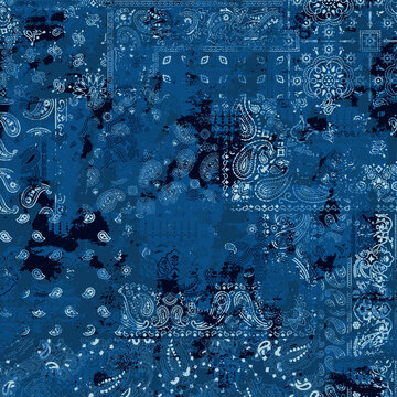 Blue bandana kerchief paisley fabric patchwork grunge abstract vector seamless pattern 
