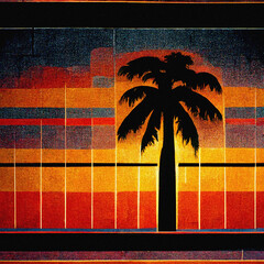 Retro palmtree at sunset graffiti on a wall - 526018426