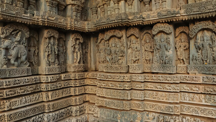 The Beautiful Carving Sculptures of Hindu God and Goddess on the Temple of Shri Lakshminarshimha Temple, Javagal, Hassan, Karnataka, India.