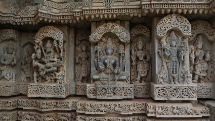 The Beautiful Carving Sculptures of Hindu God and Goddess on the Temple of Shri Lakshminarshimha...
