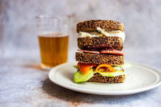 Wholegrain bread toasts with cheese and vegetable