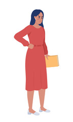 Unsatisfied woman holding book semi flat color vector character. Editable figure. Full body person on white. Teacher simple cartoon style illustration for web graphic design and animation