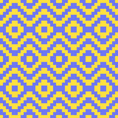Abstract geometric pattern with blue or purple stripes lines connected like wave and flower on yellow background 