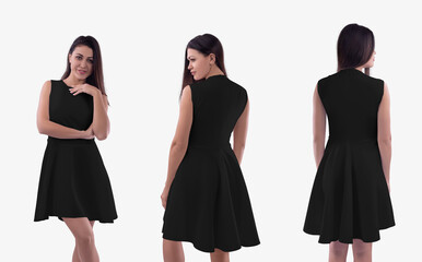 Mockup of a black wave dress on a beautiful girl, close-up, front, back view, isolated on background. Set of summer clothes.