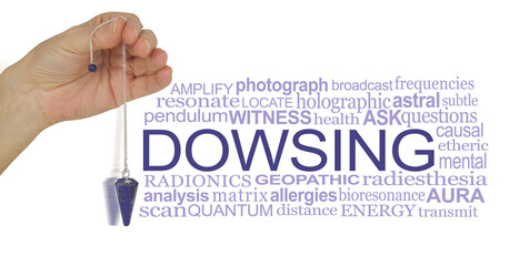 Words associated with pendulum dowsing - female hand holding a blue Lapis dowsing pendant beside a word cloud relevant to a dowsing on a white background 