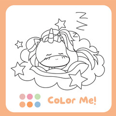 Coloring unicorn worksheet for children. Educational printable worksheet. Motor skills for children. Vector illustrations. 