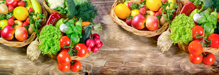 Fruit and vegetable in basket on table, freh organic vegetarian food