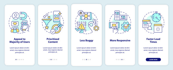 Advantages of mobile first design onboarding mobile app screen. Walkthrough 5 steps editable graphic instructions with linear concepts. UI, UX, GUI template. Myriad Pro-Bold, Regular fonts used