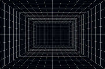 Vector perspective grid. 3d wireframe room. Futuristic digital box