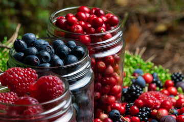 Berries fresh assorted mix overhead arrangement close up in studio on dark background.