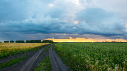 Dark rainy clouds over the dirt rural road passing through the farm fields