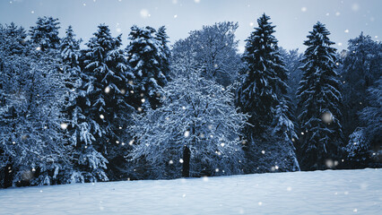 Schneebedeckte Wiese an einem Waldrand bei starkem Schneefall- Winterwunderland Szene