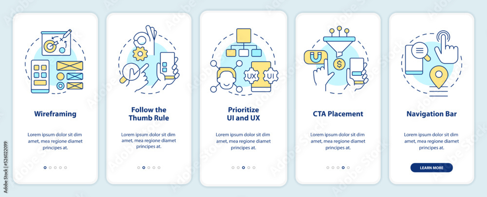 Poster mobile website development onboarding mobile app screen. walkthrough 5 steps editable graphic instru