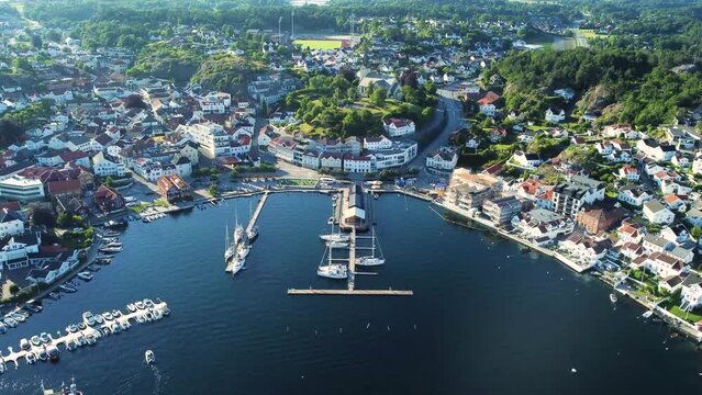 Aerial view of seaside Grimstad city in Agder County In Norway