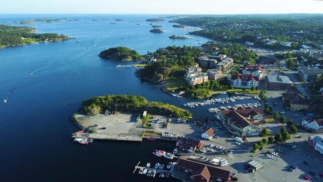 Aerial view of seaside Grimstad city in Agder County In Norway