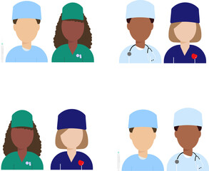 female and male doctors icons with medical accessories