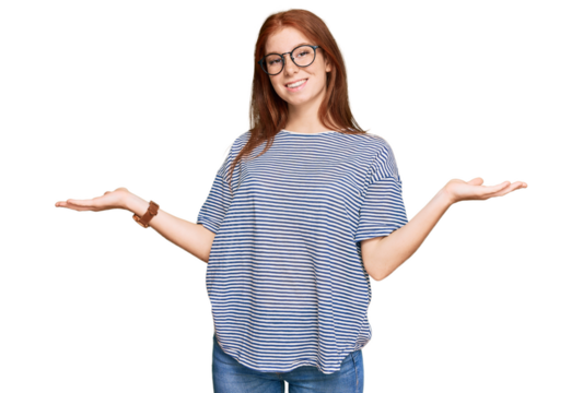 Young read head woman wearing casual clothes and glasses smiling showing both hands open palms, presenting and advertising comparison and balance