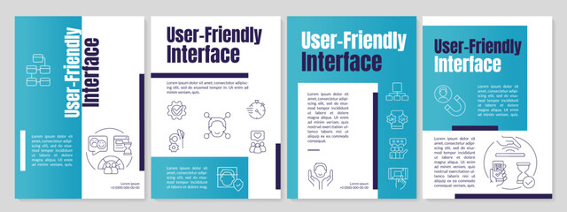 User friendly blue interface brochure template. Website development. Leaflet design with linear icons. Editable 4 vector layouts for presentation, annual reports. Anton, Lato-Regular fonts used