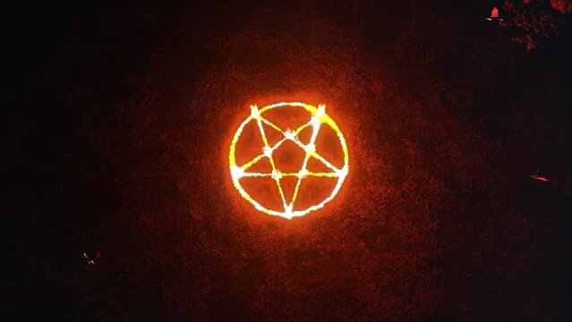 3d-render. Halloween. A fiery pentagram appeared in a field near the farm.