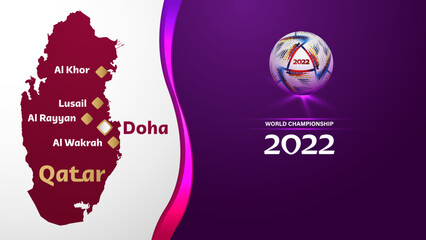 Vector purple background of the 2022 World Championship with a map of Qatar and the cities of the matches. The ball of the championship
