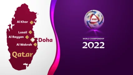 Fotobehang Vector purple background of the 2022 World Championship with a map of Qatar and the cities of the matches. The ball of the championship © Semper Fidelis