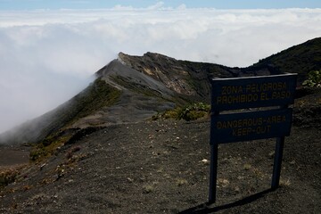 View of a dangerous area keep out sign near volcano Irazu, Costa Rica, Cartago