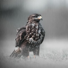 Closeup shot of a common buzzard in a field on a foggy day