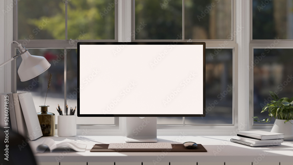 Canvas Prints modern minimal office desk workspace against the window with computer and office accessories