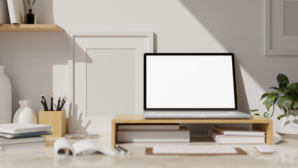 close-up, Modern white workspace with laptop mockup on wood laptop stand, stationery and decor