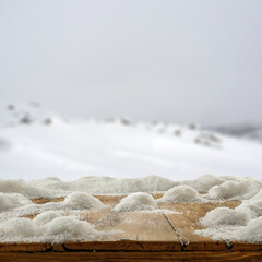 Desk of free space and winter landscape. 