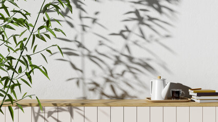close-up, Minimal white and wood countertop with a coffee set, book and copy space