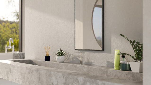 Modern loft bathroom interior design close-up, modern loft cement sink, stylish mirror, accessories