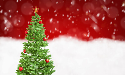 Fototapeta na wymiar Christmas tree with decorations on a red background with falling snow