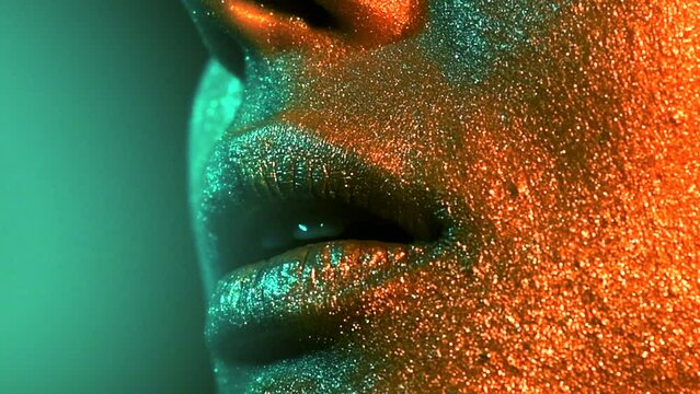 Fashion model woman lips in bright sparkles, colorful neon lights, beautiful sexy girl lips, mouth. Trendy glowing gold skin make-up. Art design make up. Glitter metallic shine makeup