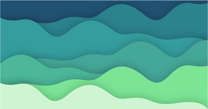 Abstract gradient blue in paper cut wavy shapes layers background with copy space. Trendy color with smooth shadow papercut art. 3d cover with cut out deep waves modern banner design.