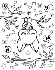 Kawaii bat. Coloring book for children. Coloring book for adults. Halloween coloring page. Cute bat. Black and white illustration