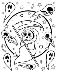 Death. Coloring book for Halloween. Coloring book for children and adults. Spooky coloring. Kawaii.