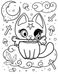 Kawaii cat sitting in clouds. Coloring book for Halloween. Coloring book for children and adults. Halloween. Horror kawaii