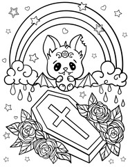 Kawaii bat with coffin. Halloween. Coloring book for children. Coloring book for adults. Horror. Kawaii. Black and white illustration