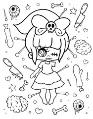 Kawaii doll. Coloring book for children. Coloring book for adults. Horror. Kawaii. Black and white