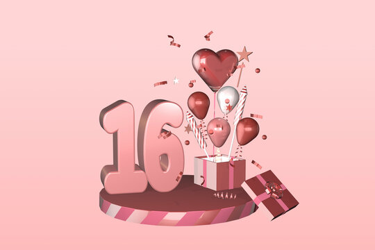 3D rendered display suitable for 16 16th birthday or sixteen sixteenth anniversary celebration card or invitation