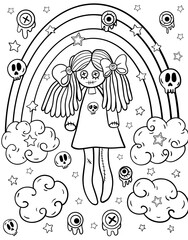 Kawaii coloring page. Mystic. Black and white illustration. Coloring book for Halloween. Coloring book for children and adults. Spooky. Horror