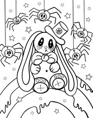 Kawaii coloring page. Kawaii rabbit with spiders. Coloring book for Halloween. Coloring book for children and adults. Black and white illustration