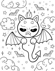 Kawaii bat with coffin. Halloween. Coloring book for children. Coloring book for adults. Horror. Kawaii. Black and white illustration