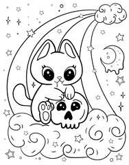Kawaii cat with skull. Coloring book for children. Coloring book for adults. Halloween coloring page. Horror. Kawaii. Black and white illustration