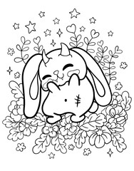 Kawaii rabbit. Coloring book for children. Coloring book for adults. Halloween coloring page. Horror. Kawaii. Black and white illustration