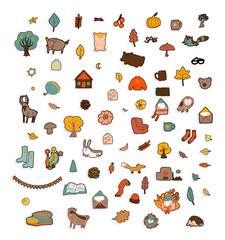 autumn seasonal vector illustration stickers set with animals