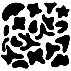 Organic spot. random form. Organic abstract irregular shapes, stone or black blobs. Abstract pebble silhouettes, blotch and inkblot. Simple liquid splodge elements water forms. Vector minimal bubble.