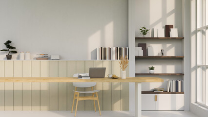 Minimal and comfortable white working room interior with copy space on wood working table